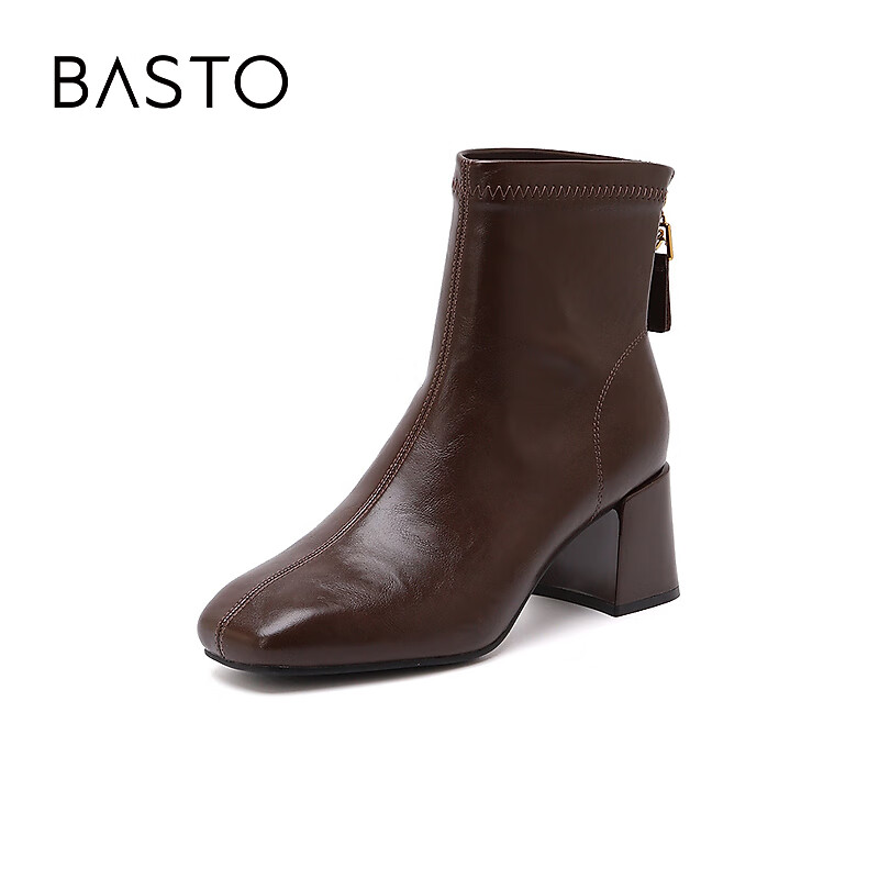 百思图24冬时髦简约通勤时装靴粗跟方头女短靴M5112DD4 咖色 38