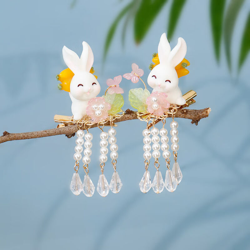 超仙古风兔子发夹发簪汉服配饰步摇长流苏对夹蝴蝶古装夹子头饰女