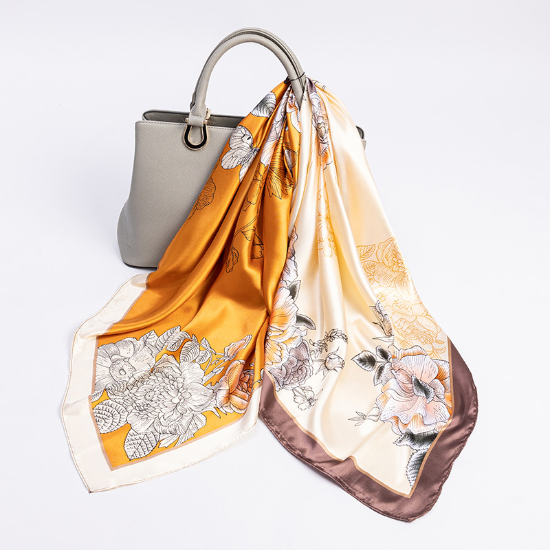 达芬奇密码专柜礼盒装 春秋缎面大方巾长巾丝巾女 新款欧美风 牡丹初妆 黄色