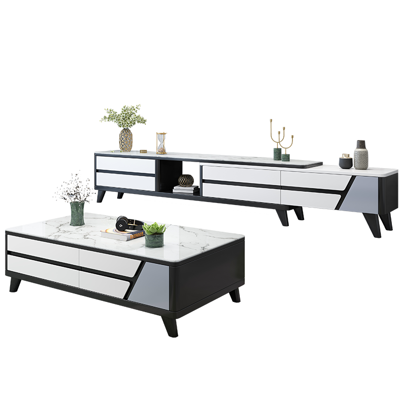 风之意 现代简约茶几电视柜组合大理石台面可伸缩设计储物电视柜地柜客厅家具ZXHX-DSG02 1.4米茶几+可伸缩电视柜