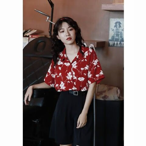 鲁伊森80年代复古港风女装红色印花复古港风衬衫女夏季新款碎花宽松