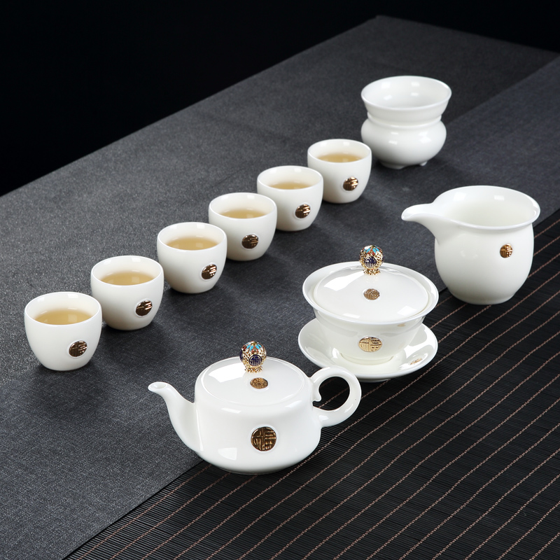 景德镇羊脂玉白瓷功夫茶具套装家用现代简约茶壶小茶杯盖碗泡茶器 10件-羊脂玉描金茶具套装
