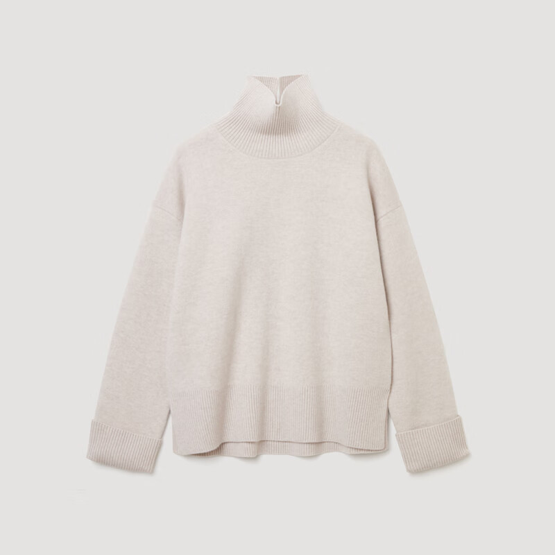 OVV秋冬热卖女装优雅时髦松弛长袖可翻折高领羊绒衫 燕麦色 M