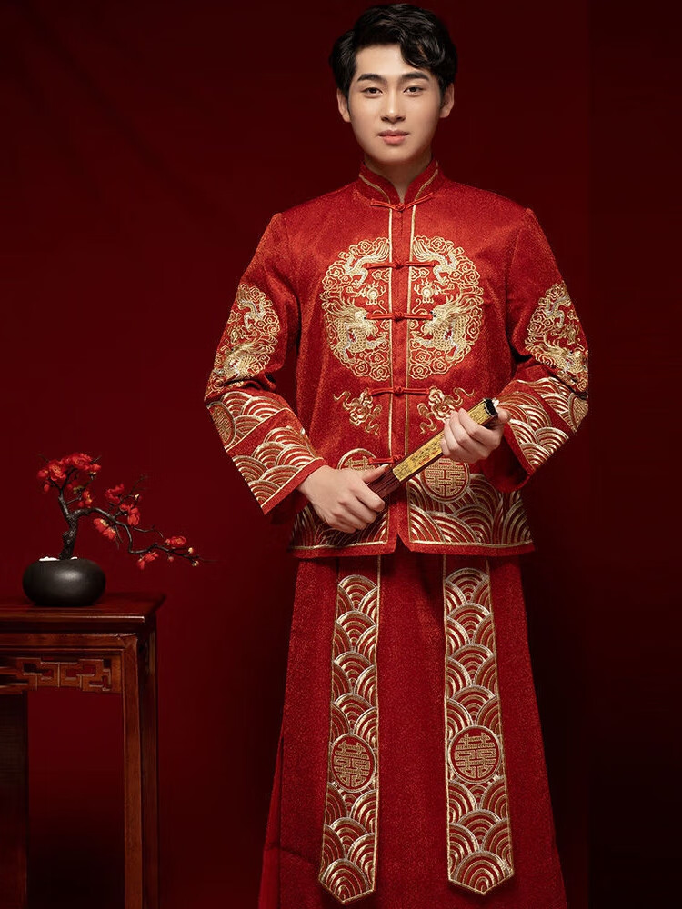 大漠汉子秀禾服男装新款中式结婚新郎敬酒服接服龙凤褂大码唐装秀