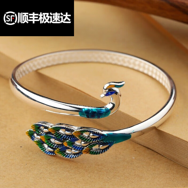 荟漂亮生日礼物 孔雀景泰蓝足银手镯花丝手工s999足银开口孔雀开屏银