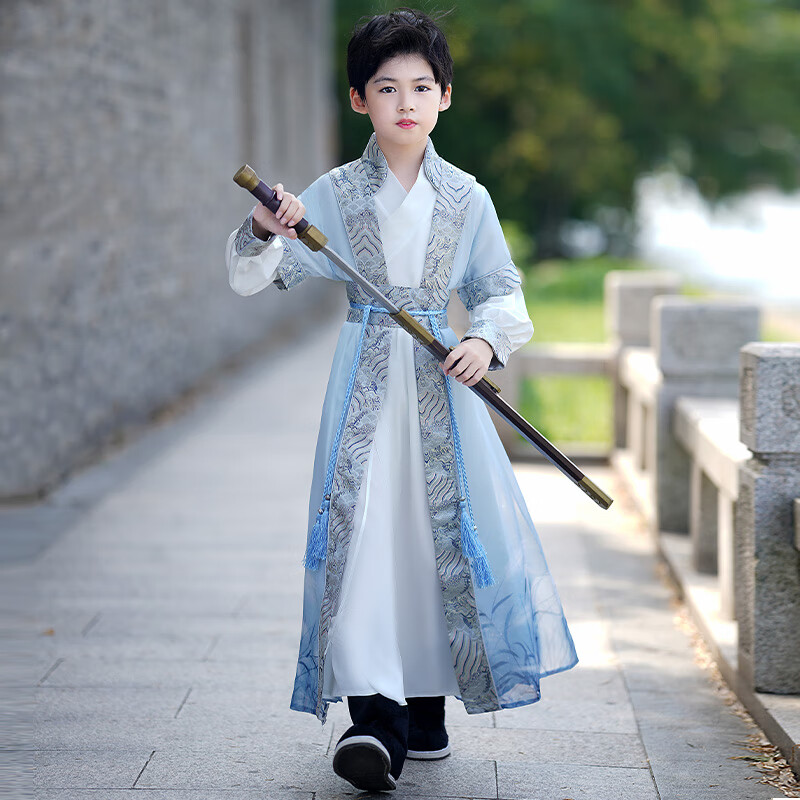 安妮优儿汉服男童春款2024儿童古装男孩国风男生春秋唐装夏季 蓝色