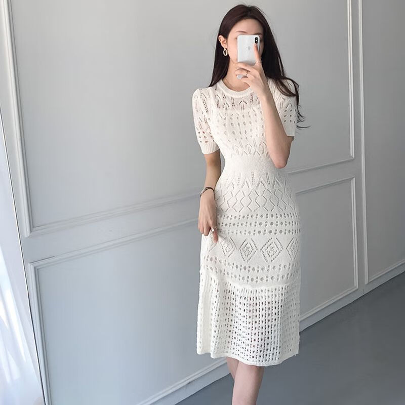 璀典针织连衣裙女中长款收腰显瘦夏款夏日白色短袖镂空针织连衣裙女新