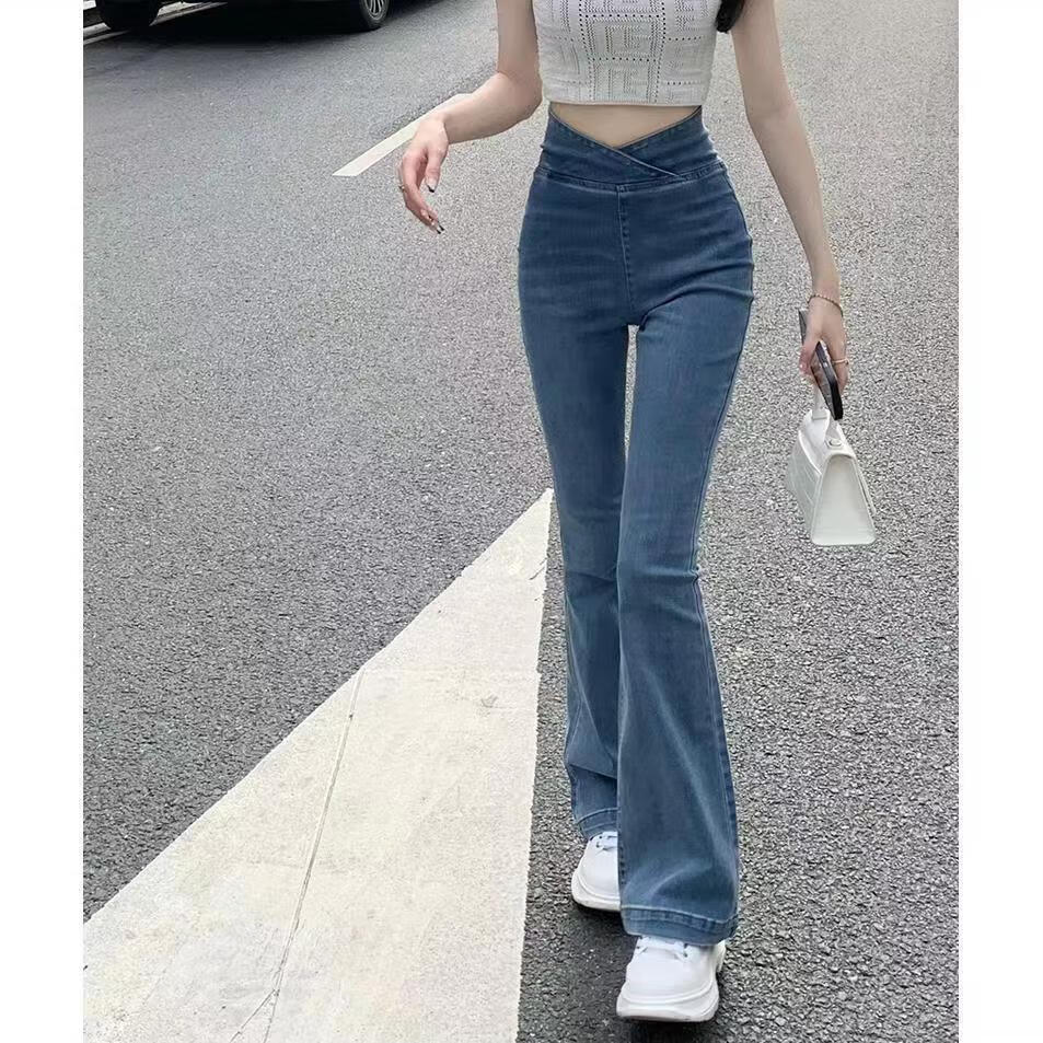 vjwk夏季初中生韩版紧身女生牛仔裤不牛仔裤女高腰修身显瘦微喇v型长