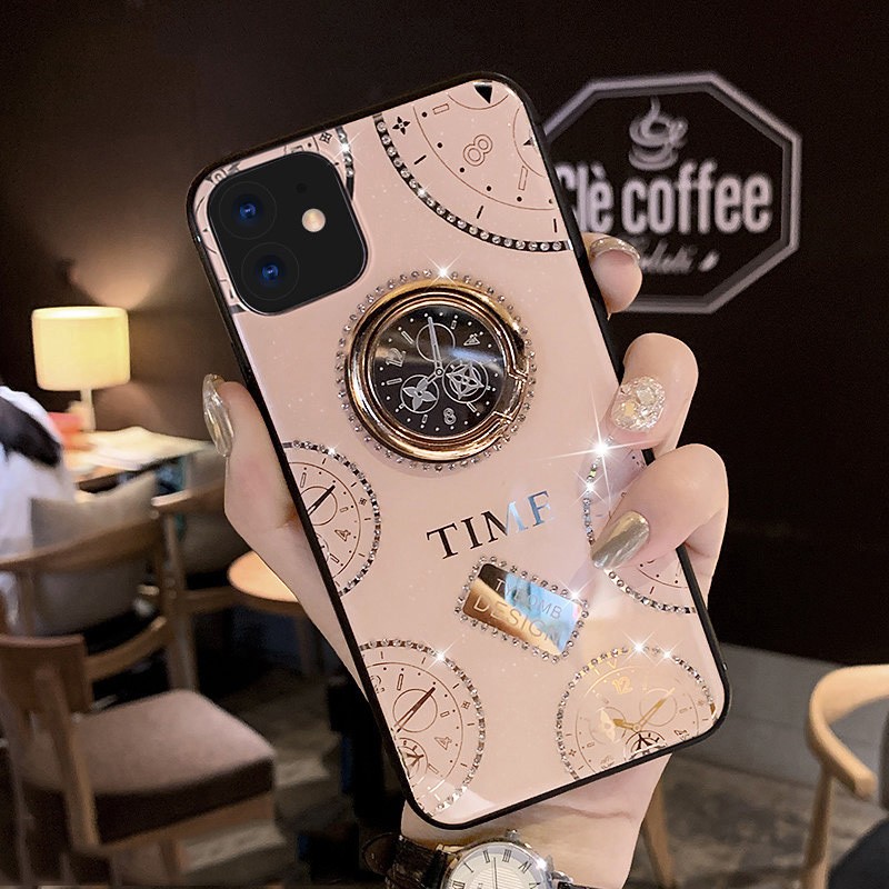 iphone12镶钻网红个性车载磁吸指环扣支架防摔软玻璃 苹果12【玫瑰金