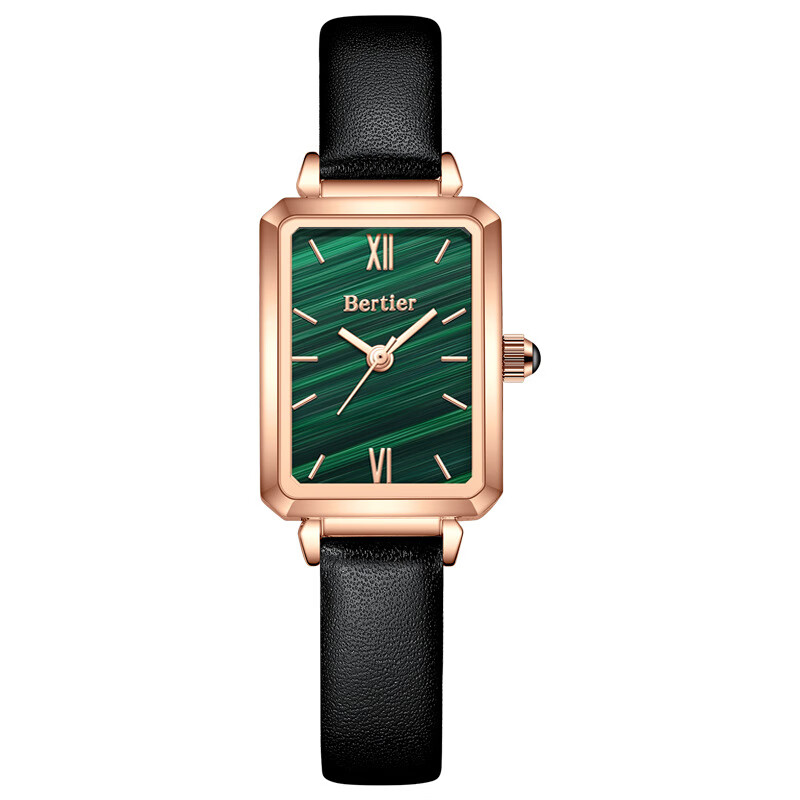 小绿表日本机芯手表 女士真皮网 玫壳 绿面 黑皮带 表壳尺寸20*30mm