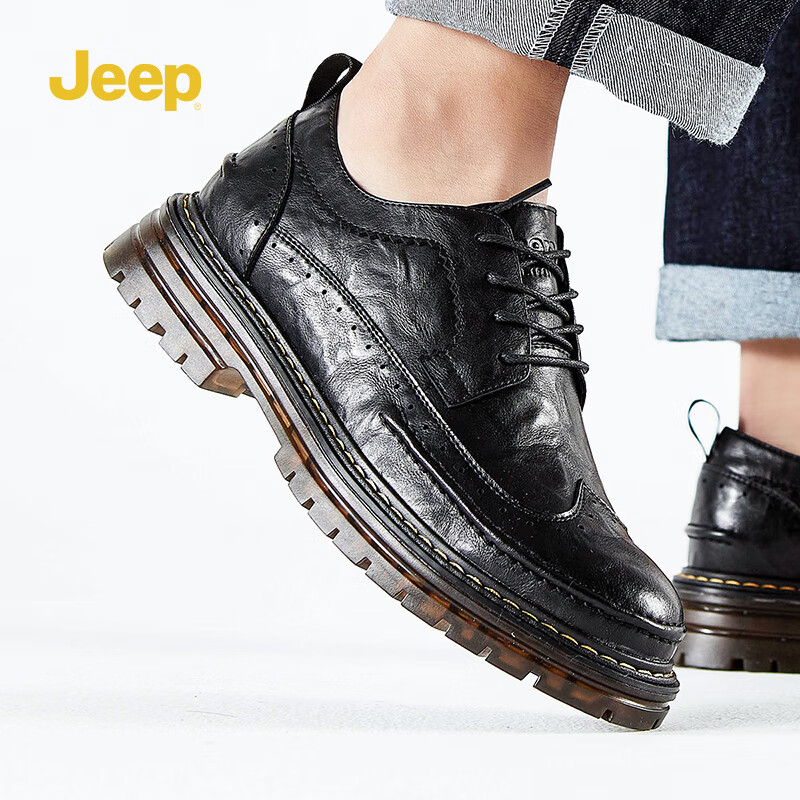 男鞋春季新款男士时尚休闲鞋男厚底系带潮流正装皮鞋子男 黑色 245/39