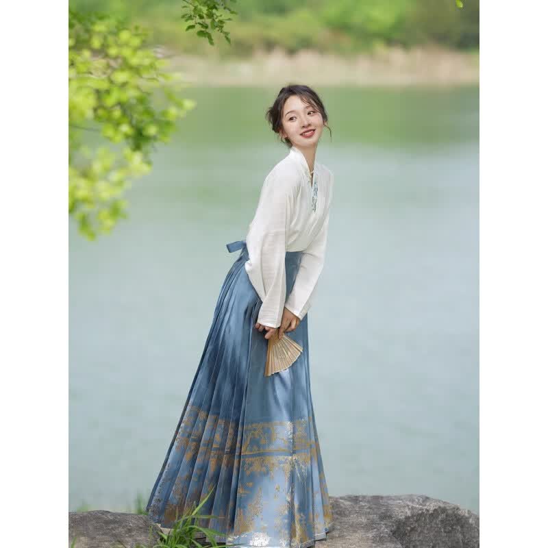 闻莺燕改良汉服成人女马面裙高级中国风秋季新款古装小个子日常款全套 白色飞机袖+黛蓝色马面裙 S高性价比高么？