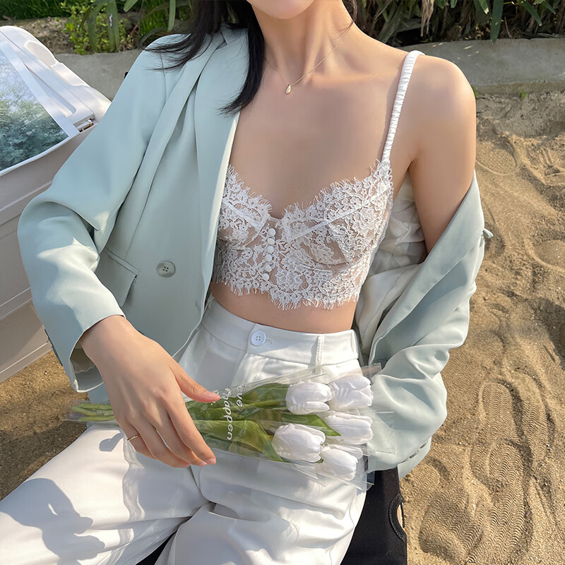 丨王炸内搭法式蕾丝薄款内衣美背吊带文胸大胸显小brains胸罩 白色 s