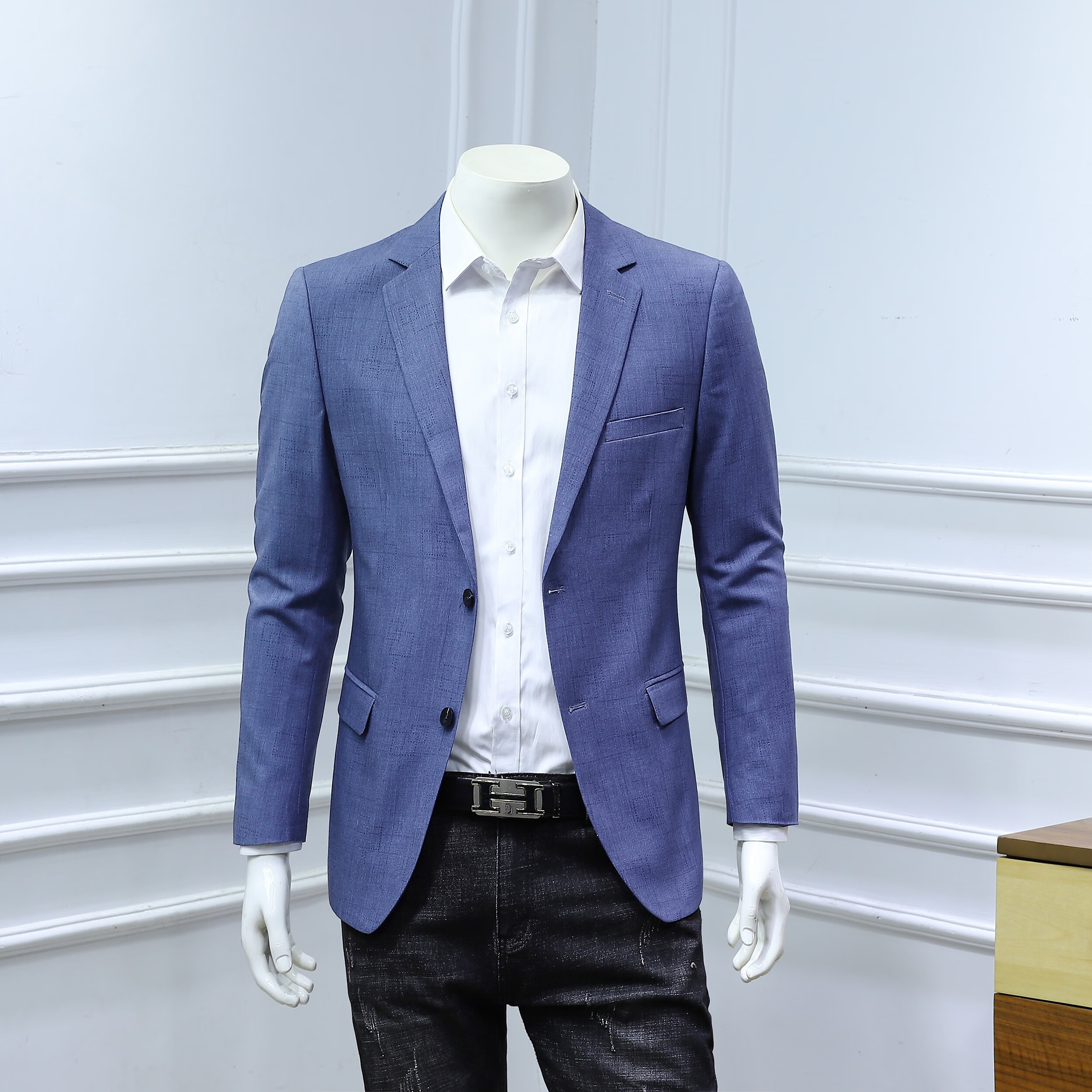 rowswell蓝色男士西装春夏薄款休闲轻商务西服免烫修身小西装男单西