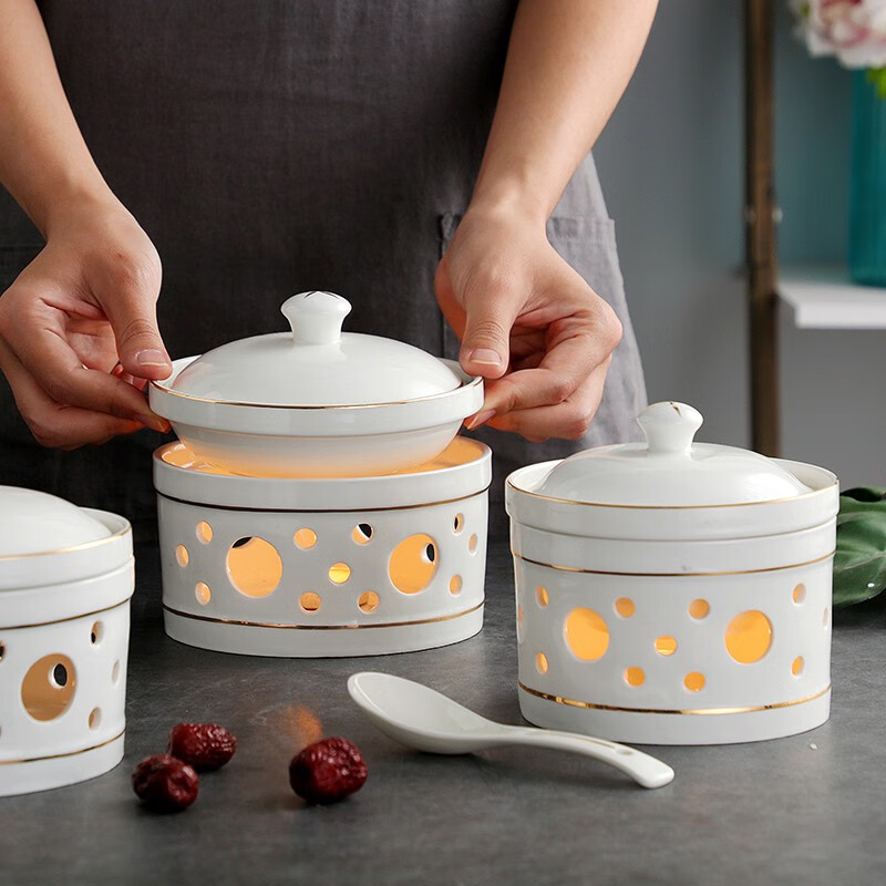 柏尼森酒店陶瓷保温带盖炖盅餐具燕窝辽参鱼翅甜品碗酒精蜡烛加热保温