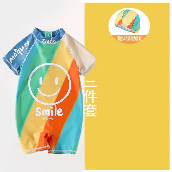 荣西图（RONGXITU）儿童泳衣男童宝宝连体专业训练游泳衣小童男孩速干防晒泳装男宝 笑脸二件套 L（身高95-105厘米 30-40斤属于什么档次？