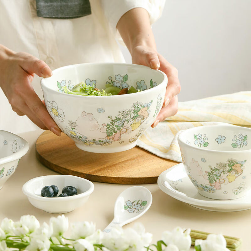 蓝莲花蓝莲花家用餐具高颜值陶瓷饭碗个人专用面碗汤碗儿童碗饭碗家庭装 4.5寸碗 产品规格见图二