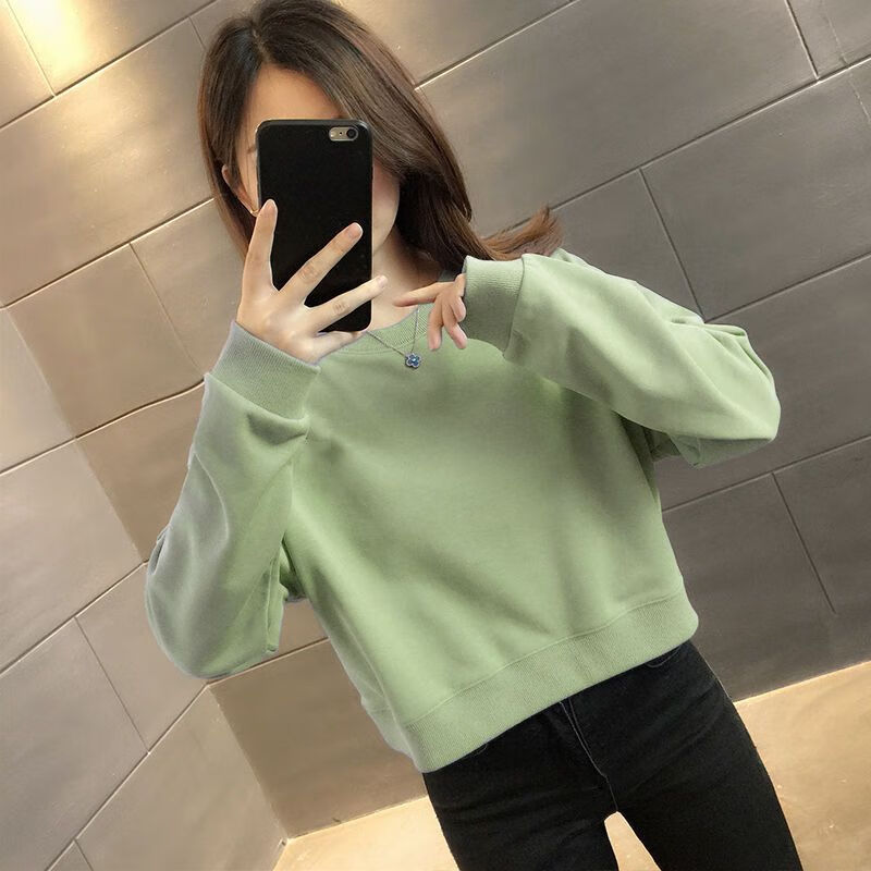 puhp女装纯棉卫衣女秋季新款韩版小个子短款宽松显瘦时尚百搭上衣服 豆绿[无印花] S 建议100斤内怎么样,好用不?