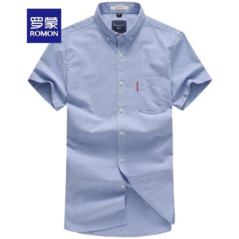罗蒙（ROMON）短袖衬衫男夏装新款休闲牛津纺男士纯色衬衣男装上衣 浅兰 40