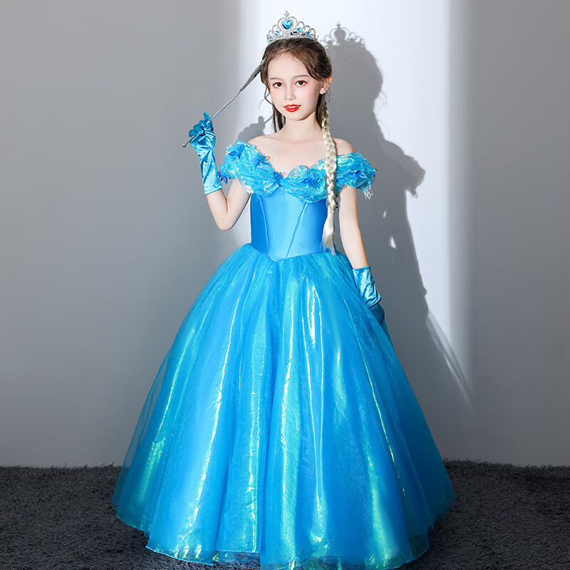 布戀貓公主裙女童禮服花童婚禮小女孩舞會(huì)3-12歲兒童鋼琴演出服生日洋氣 藍(lán)色 130 cm