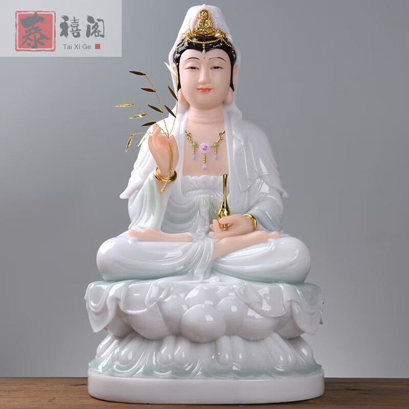 爱韵馨华汉白玉观1音菩-萨家用坐莲观佛石雕娑婆三圣观世音摆件居家供