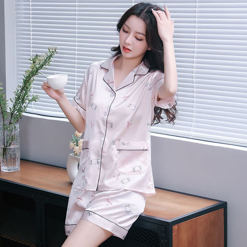 莫代尔睡衣女冰丝宽松卡通套装开衫短袖短裤夏季女士家居服可外穿年轻 SCX盈盈黄梨香-双短 XL (120-138斤)