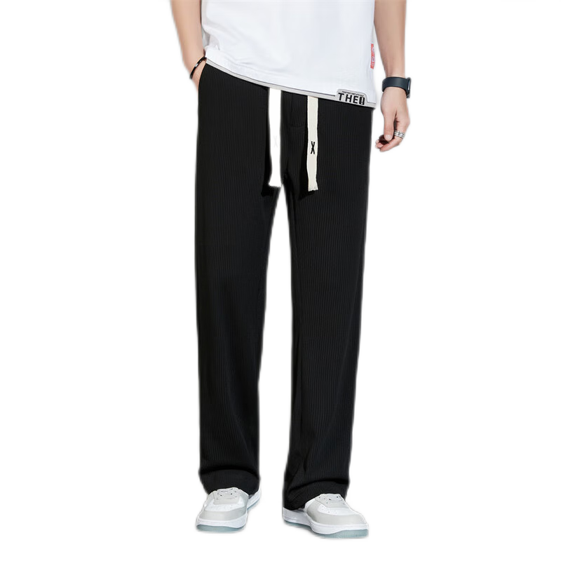 潮天士冰絲褲子男夏季薄款直筒垂感寬松休閑褲男士潮牌百搭銅氨絲透氣闊腿褲男生速干褲彈力運動胖子大碼男褲 黑色【蛇骨紋冰絲1802】 M【90-100斤】