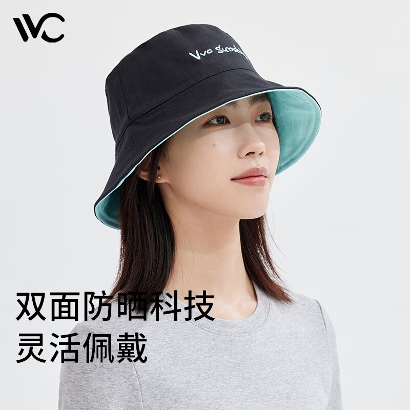 VVC遮阳帽女双面渔夫帽盆帽大头围防晒帽男女夏太阳帽子 时尚黑/海盐蓝