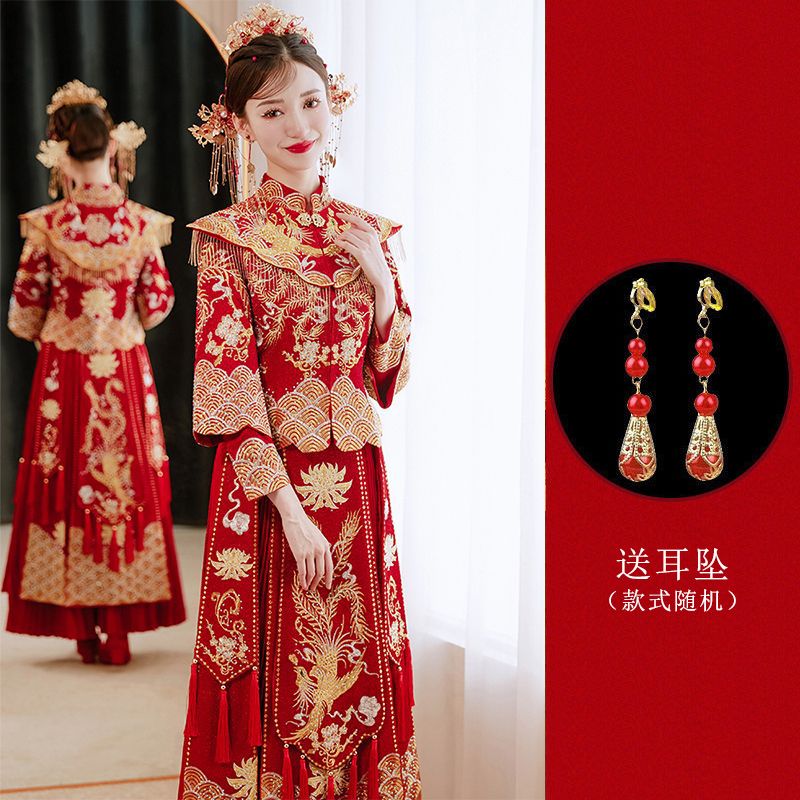 拉夏贝尔秋季披肩秀禾服2023新款新娘结婚中式嫁衣小个子显瘦孕妇大码 莲花[加耳坠] S属于什么档次？