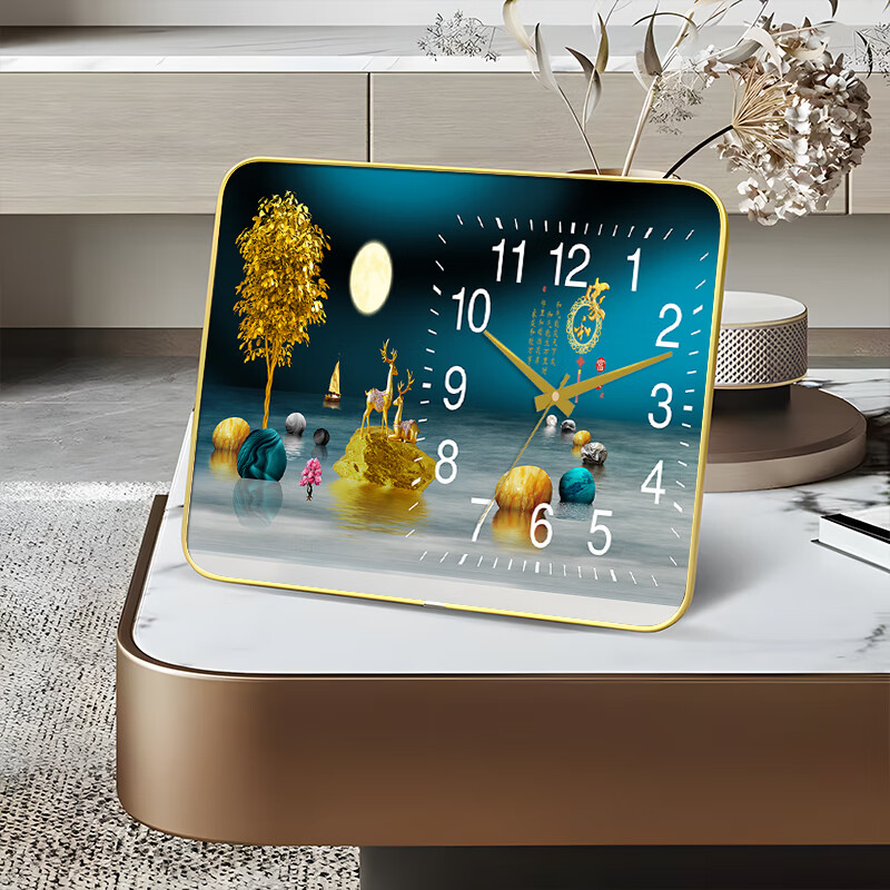 映火钟表客厅家用台式桌面时钟客厅轻奢摆放大气座钟简约摆钟钟表摆件 福鹿望月 20*30厘米【座钟台式】