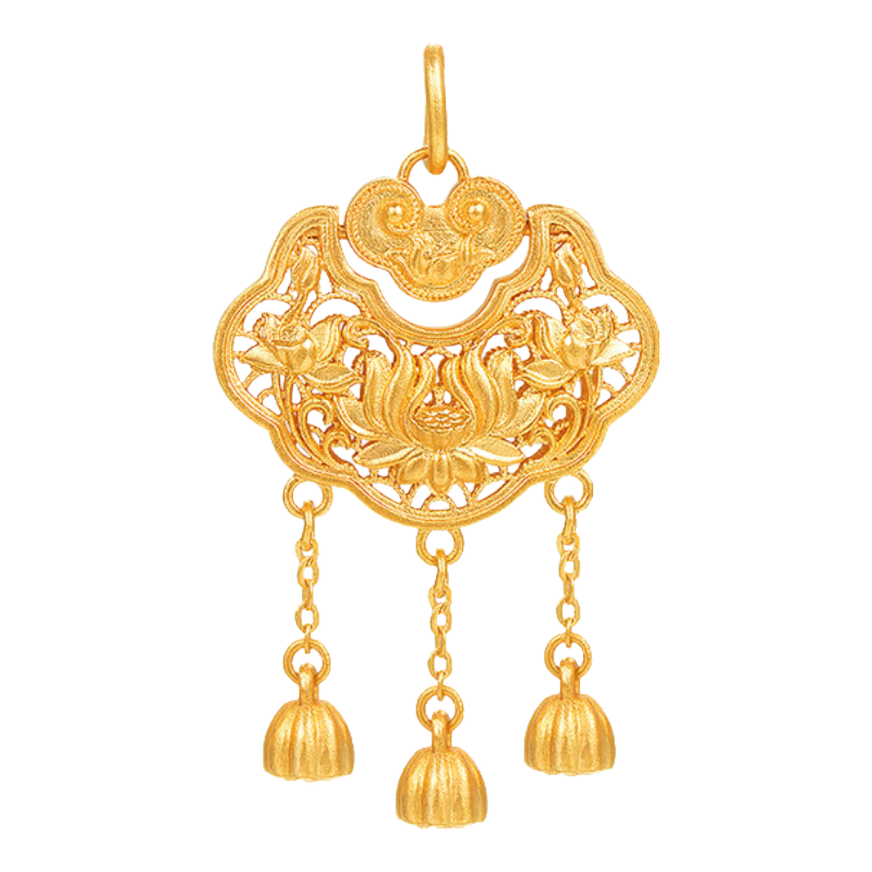 明牌珠寶生日禮物 足金古法黃金和合如意荷花鎖吊墜AFC0766工費700 足金吊墜 約8.31克