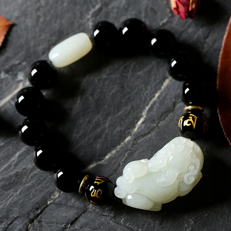 甄祥 和田玉小貔貅手链男手串黑曜石佛珠女情侣玉石霸王貔恘皮丘 霸王