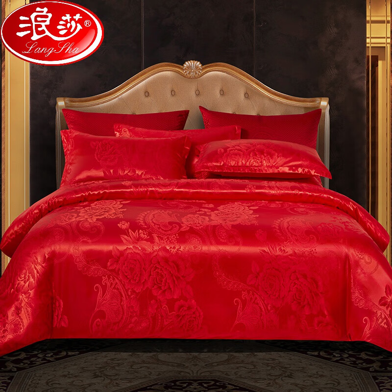 浪莎（LangSha）100桑蚕丝四件套水洗真丝床单被套贡缎裸睡结婚床上用品酒店冬季 苏菲花园-大红 1.8m床单款四件套被套200*230cm