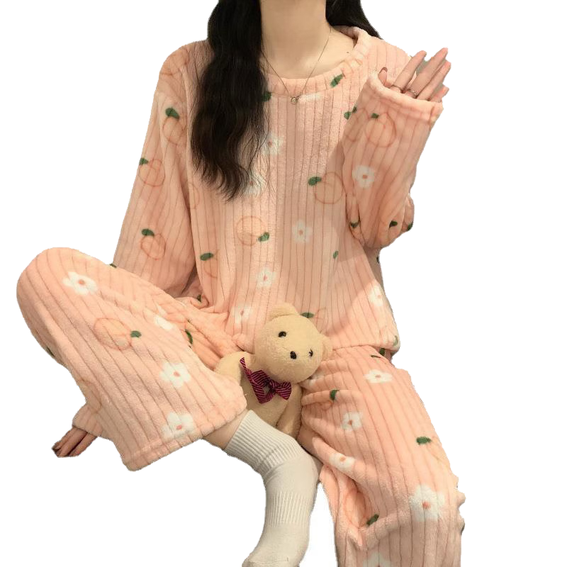 兰缦尼 珊瑚绒套装女士日系甜美可外穿圆领睡衣保暖套装女 蓝色 均码(建议80-140斤)    29.9元
