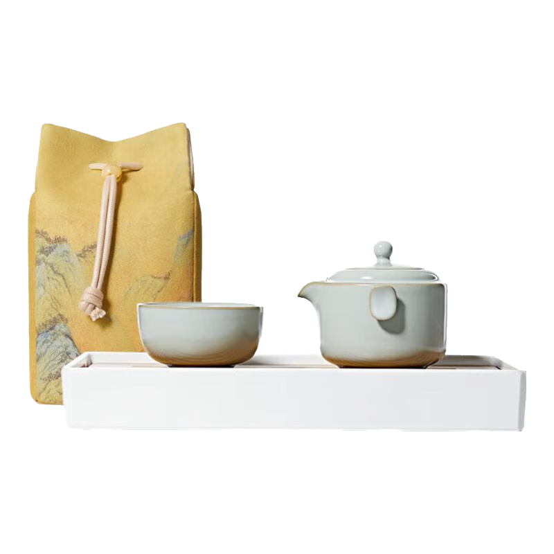 雅瓷「父親節(jié)禮物」汝窯旅行單人茶具便攜式一壺一杯帶布包吉祥如意杯 吉祥如意杯+茶布包+如常茶盤(pán)3件