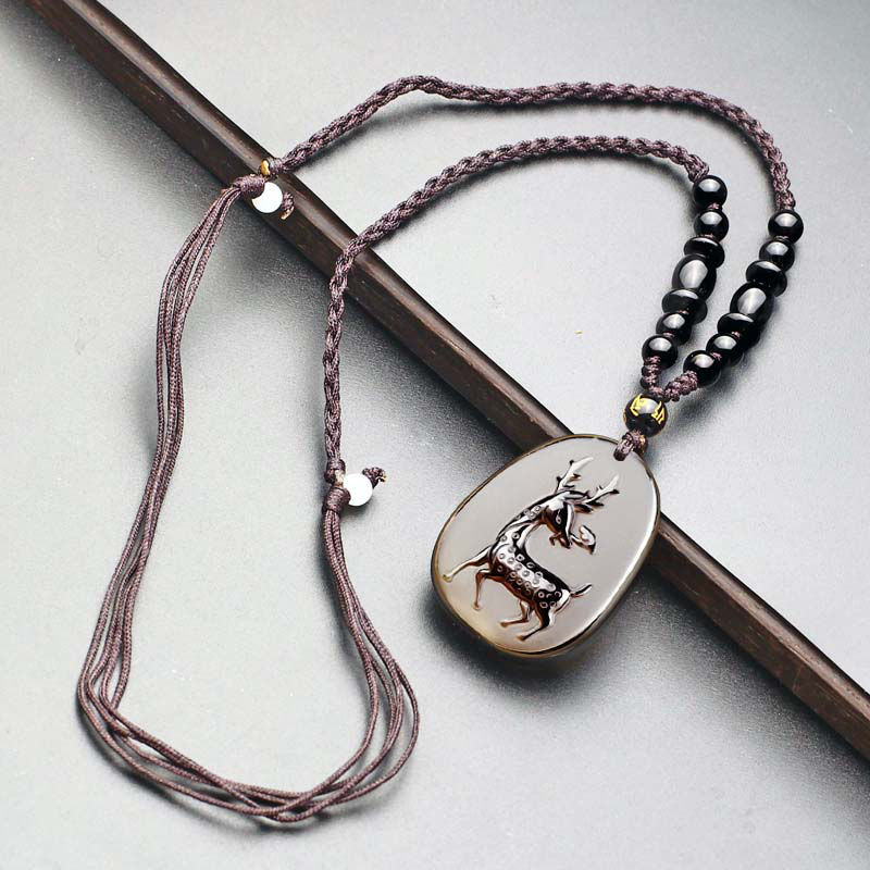 冰晶黑曜石属虎吉祥物吊坠 仙鹿含芝生肖开运男女款项链 半珠链棕绳款