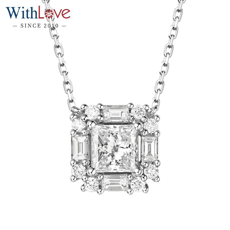 withlove 白18k金天然公主方钻石项链经典显大群镶锁骨链gia证书 【主