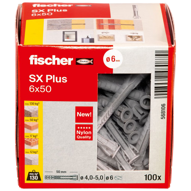 慧魚(fischer)德國進(jìn)口SXPlus尼龍安全膨脹螺絲混凝土實心墻盒裝 SXPlus6x50單管100支盒裝568106 