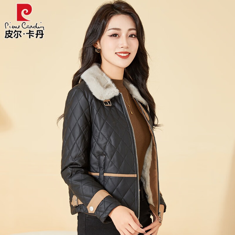 皮尔卡丹格子皮衣女2023新款欧货二棉夹棉服加绒加厚母亲短款外套秋冬 黑色 M属于什么档次？