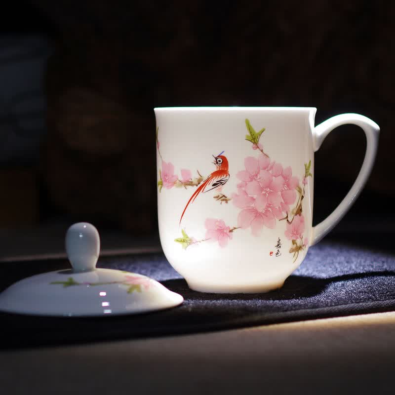 瓷景德镇茶杯陶瓷带盖水杯青花瓷办公会议个人杯印logo定制 水点桃花