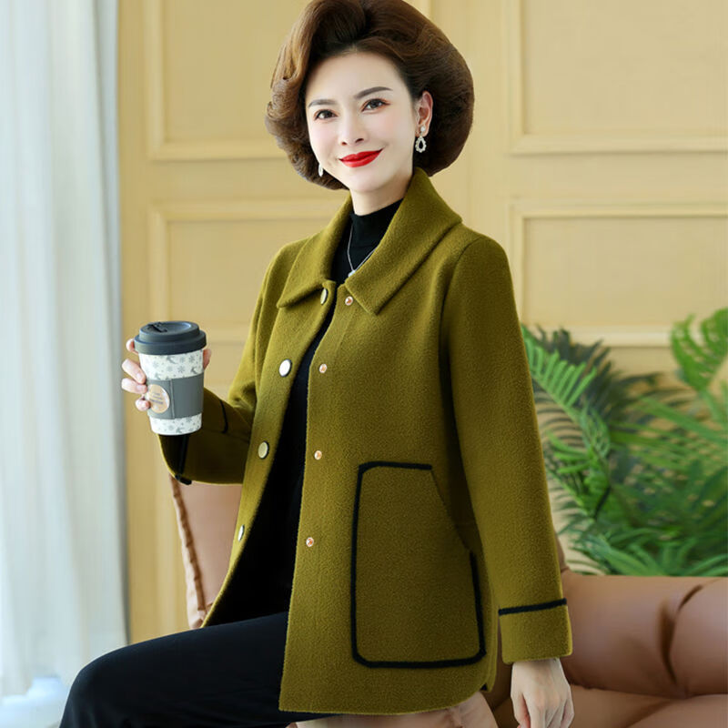 妈妈秋冬装双面呢外套50岁60中老年女装高档羊毛呢子短款上衣 军绿色