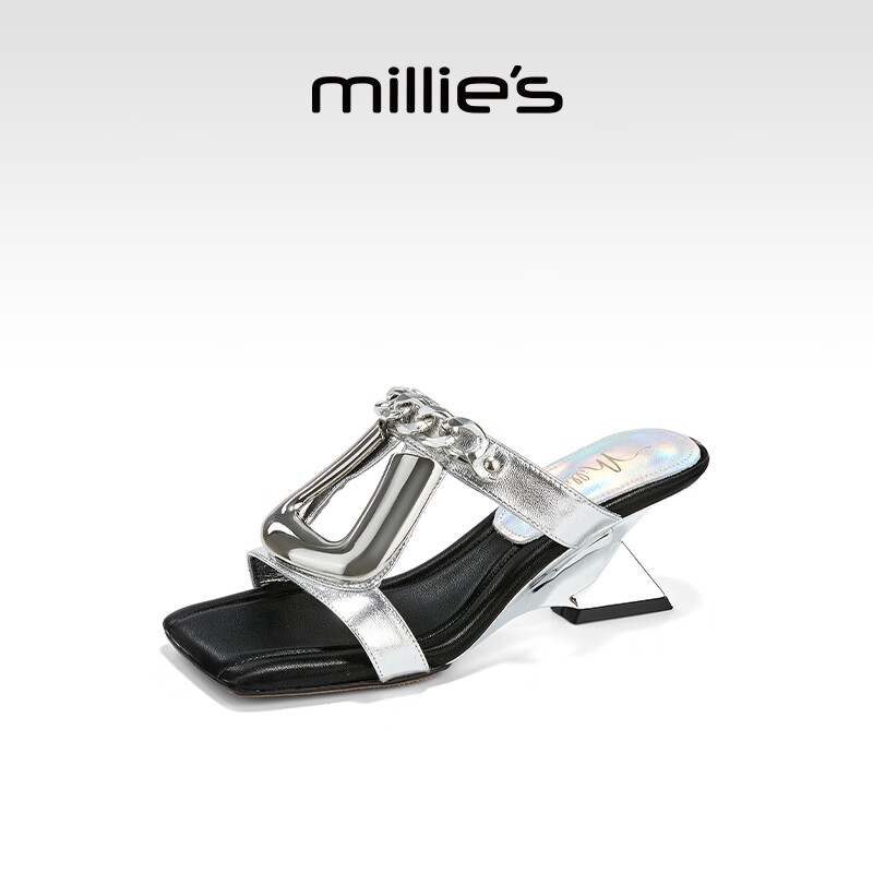 妙丽拖鞋女外穿坡跟时尚设计感休闲百搭凉拖鞋2025冬季新款 银色 37 标准码