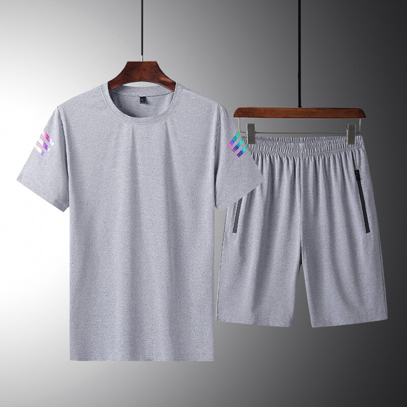 夏季新款短裤运动套装男户外跑步宽松短袖T恤两件套 浅灰色 XL