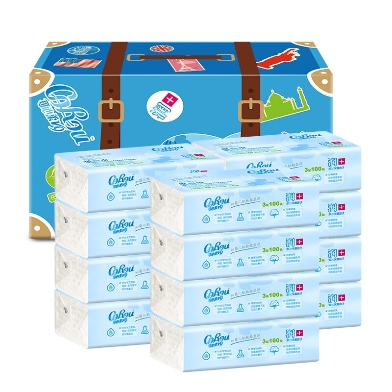 可心柔（COROU）V9婴儿柔润保湿纸巾3层100抽12包整箱装