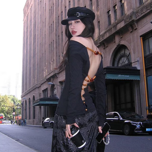 矢向晒背专用上衣短1袖正反两穿串珠大露背长䄂T恤女春季修身甜辣妹 黑色 S