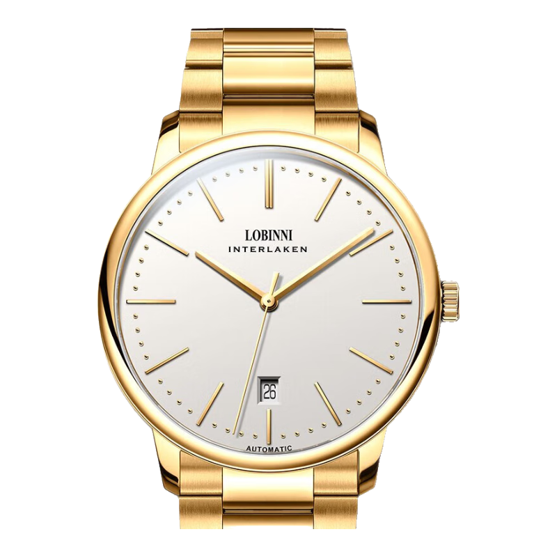羅賓尼（LOBINNI）名表十大品牌】手表男士全自動(dòng)機(jī)械表薄皮帶商務(wù)休閑防水瑞士腕表 【升級(jí)進(jìn)口機(jī)芯】黃金玉白-鋼帶款