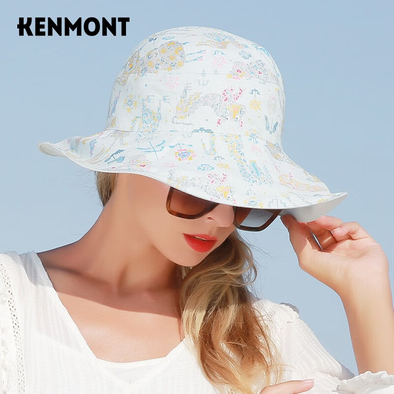 卡蒙（Kenmont）棉麻女式可折叠太阳帽骑车防晒帽夏天户外遮阳双面可戴大檐帽3641 天使蓝 均码 57.5cm