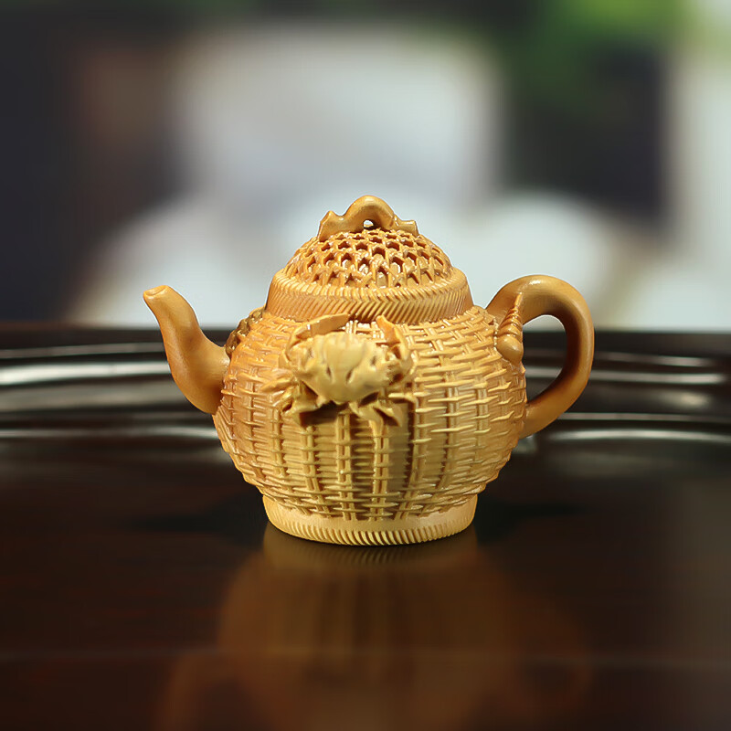 山头林村香椿木茶壶黄杨木雕螃蟹渔篓壶实木手把件茶宠八方来财家居