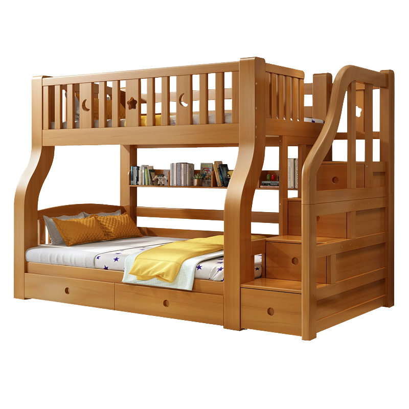 萊客軒（LAIKEXUAN）【免費(fèi)安裝】實(shí)木上下床高低床雙層床胡桃木兒童床成人臥室上下鋪 上床下桌 梯柜+滑梯款總長(zhǎng)280cm 上鋪寬100CM下鋪寬120