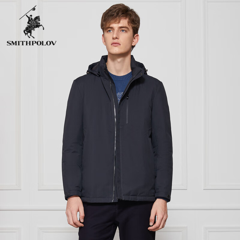 斯密特保罗（SMITHPOLOV）冬季新款百搭外套日常休闲纯色男士羽绒服白鸭绒连帽羽绒服 藏青色 46